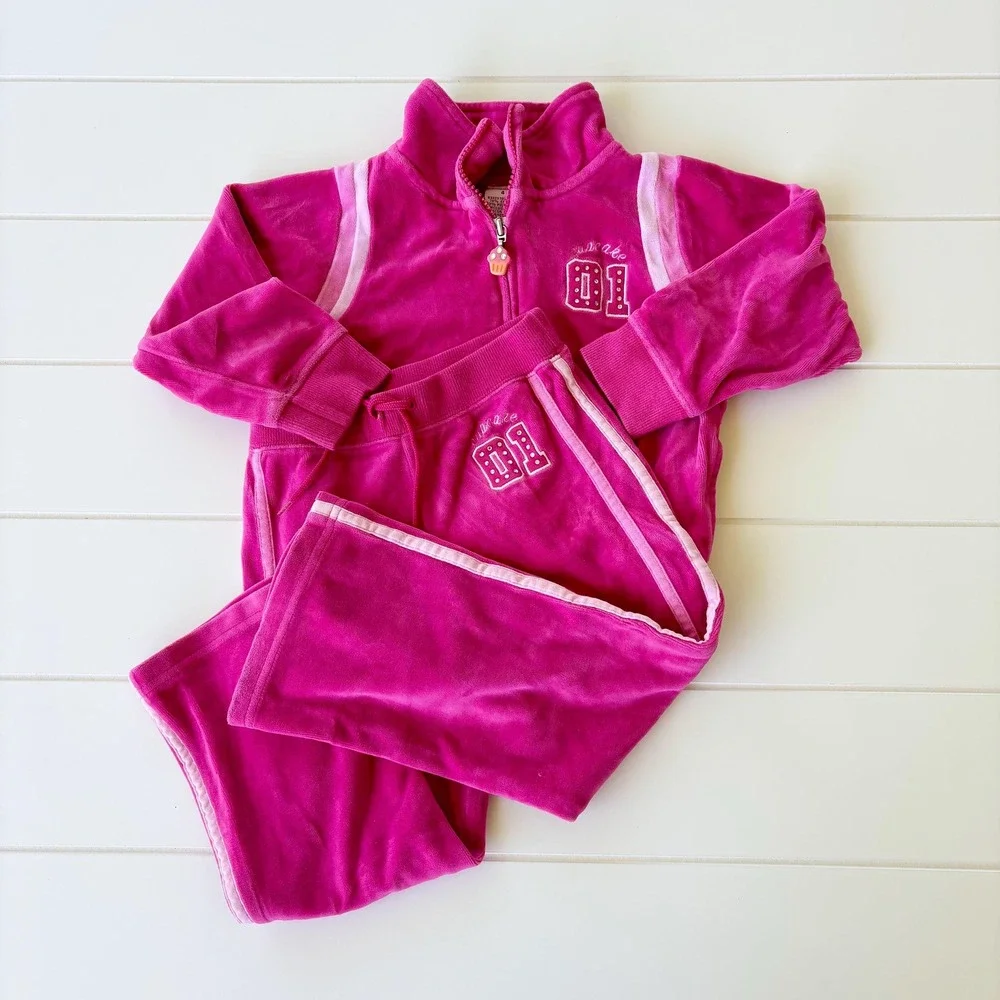 Vintage Gymboree Hot Pink Velour Full Zip Hoodie Tracksuit Size 4T
